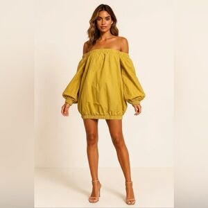 Off-Shoulder Bubble Sleeve Mini Dress in Mustard Yellow